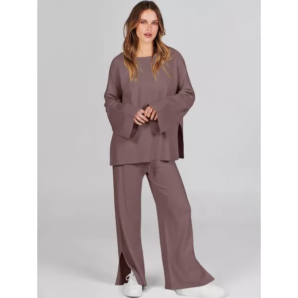 imageANRABESS Women 2 Piece Outfits Sweatsuit Oversized Knit Pullover and Drawstring Wide Leg Pants Sweater SetsCoffee