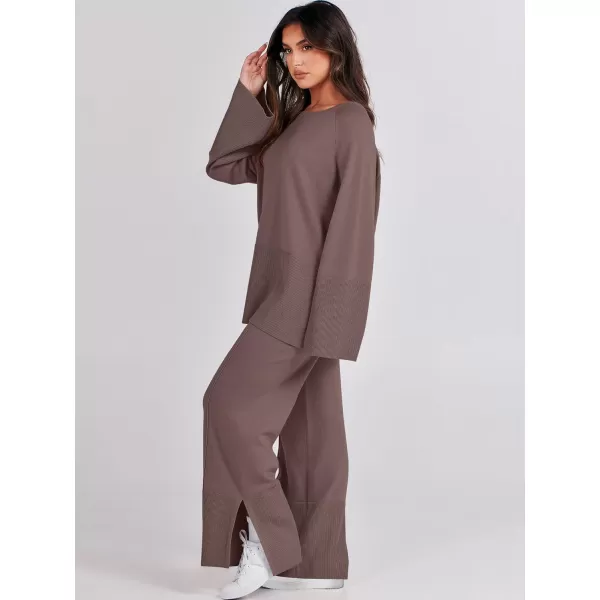 imageANRABESS Women 2 Piece Outfits Sweatsuit Oversized Knit Pullover and Drawstring Wide Leg Pants Sweater SetsCoffee