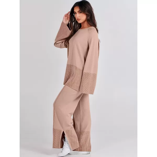 imageANRABESS Women 2 Piece Outfits Sweatsuit Oversized Knit Pullover and Drawstring Wide Leg Pants Sweater SetsDeep Apricot