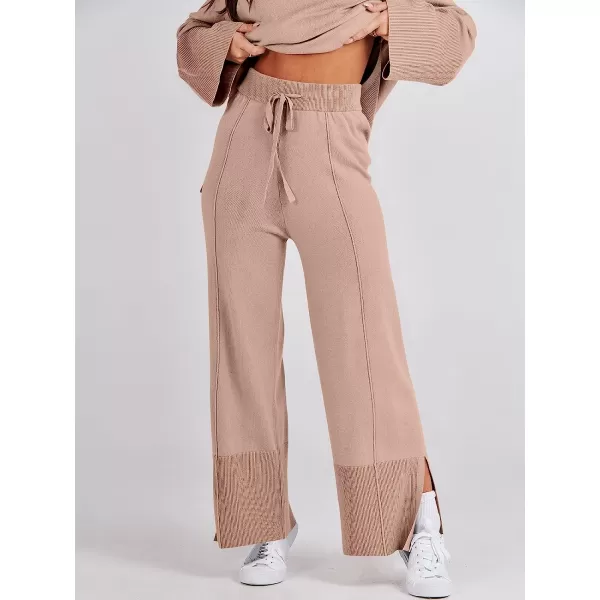 imageANRABESS Women 2 Piece Outfits Sweatsuit Oversized Knit Pullover and Drawstring Wide Leg Pants Sweater SetsDeep Apricot