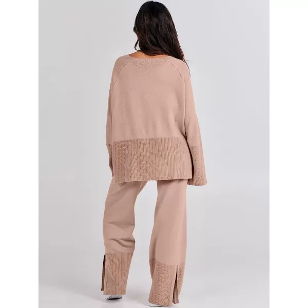 imageANRABESS Women 2 Piece Outfits Sweatsuit Oversized Knit Pullover and Drawstring Wide Leg Pants Sweater SetsDeep Apricot