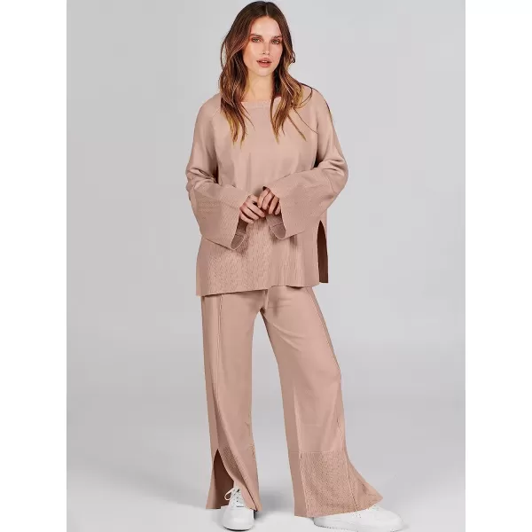 imageANRABESS Women 2 Piece Outfits Sweatsuit Oversized Knit Pullover and Drawstring Wide Leg Pants Sweater SetsDeep Apricot