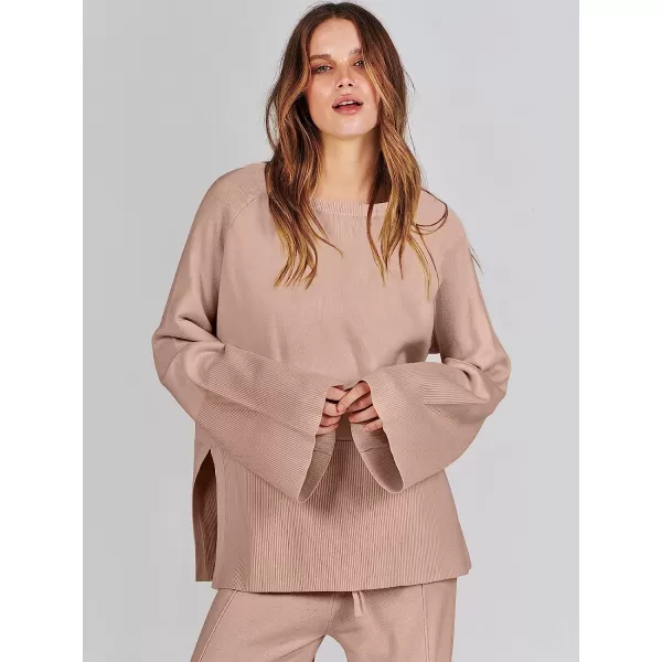 imageANRABESS Women 2 Piece Outfits Sweatsuit Oversized Knit Pullover and Drawstring Wide Leg Pants Sweater SetsDeep Apricot