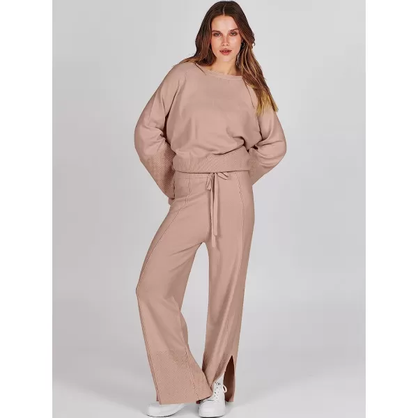 imageANRABESS Women 2 Piece Outfits Sweatsuit Oversized Knit Pullover and Drawstring Wide Leg Pants Sweater SetsDeep Apricot