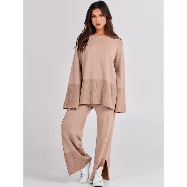 imageANRABESS Women 2 Piece Outfits Sweatsuit Oversized Knit Pullover and Drawstring Wide Leg Pants Sweater SetsDeep Apricot