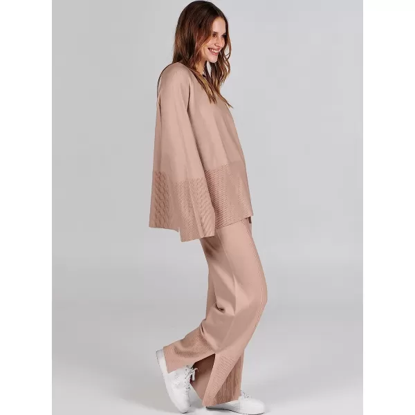 imageANRABESS Women 2 Piece Outfits Sweatsuit Oversized Knit Pullover and Drawstring Wide Leg Pants Sweater SetsDeep Apricot