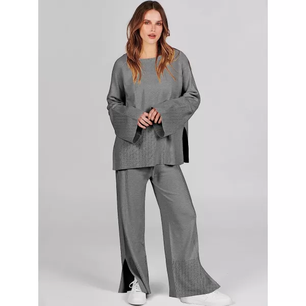 imageANRABESS Women 2 Piece Outfits Sweatsuit Oversized Knit Pullover and Drawstring Wide Leg Pants Sweater SetsGray