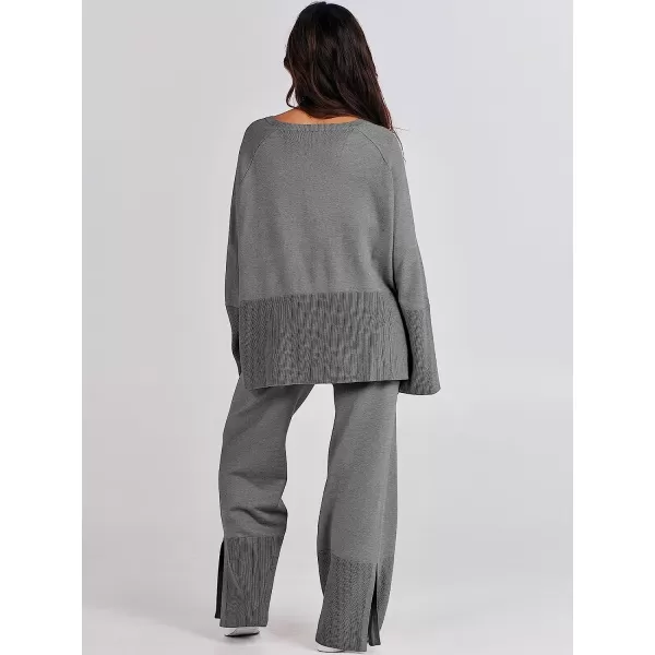 imageANRABESS Women 2 Piece Outfits Sweatsuit Oversized Knit Pullover and Drawstring Wide Leg Pants Sweater SetsGray