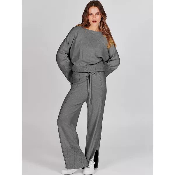 imageANRABESS Women 2 Piece Outfits Sweatsuit Oversized Knit Pullover and Drawstring Wide Leg Pants Sweater SetsGray