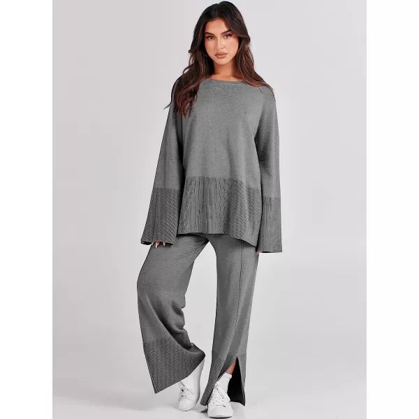 imageANRABESS Women 2 Piece Outfits Sweatsuit Oversized Knit Pullover and Drawstring Wide Leg Pants Sweater SetsGray