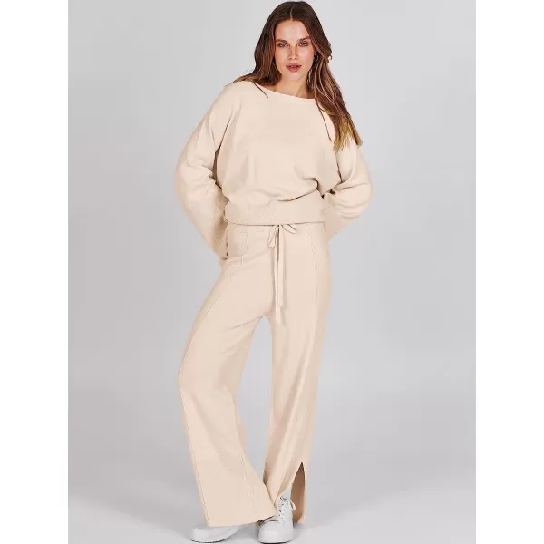 imageANRABESS Women 2 Piece Outfits Sweatsuit Oversized Knit Pullover and Drawstring Wide Leg Pants Sweater SetsKhaki