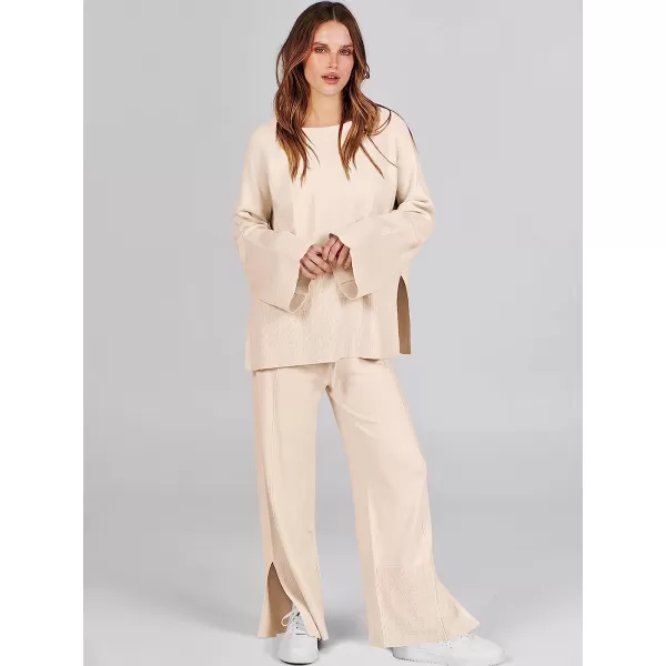 imageANRABESS Women 2 Piece Outfits Sweatsuit Oversized Knit Pullover and Drawstring Wide Leg Pants Sweater SetsKhaki