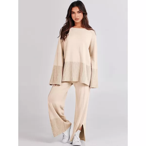 imageANRABESS Women 2 Piece Outfits Sweatsuit Oversized Knit Pullover and Drawstring Wide Leg Pants Sweater SetsKhaki