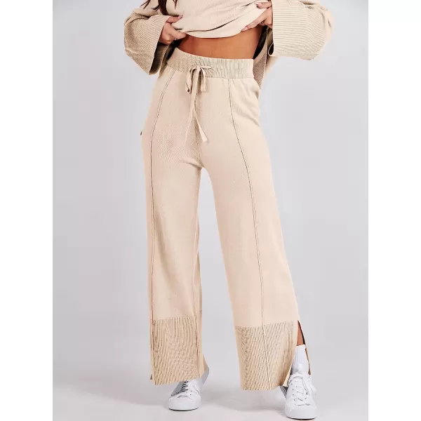 imageANRABESS Women 2 Piece Outfits Sweatsuit Oversized Knit Pullover and Drawstring Wide Leg Pants Sweater SetsKhaki