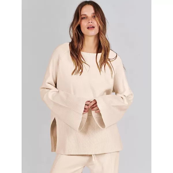 imageANRABESS Women 2 Piece Outfits Sweatsuit Oversized Knit Pullover and Drawstring Wide Leg Pants Sweater SetsKhaki