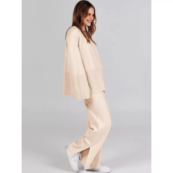 imageANRABESS Women 2 Piece Outfits Sweatsuit Oversized Knit Pullover and Drawstring Wide Leg Pants Sweater SetsKhaki
