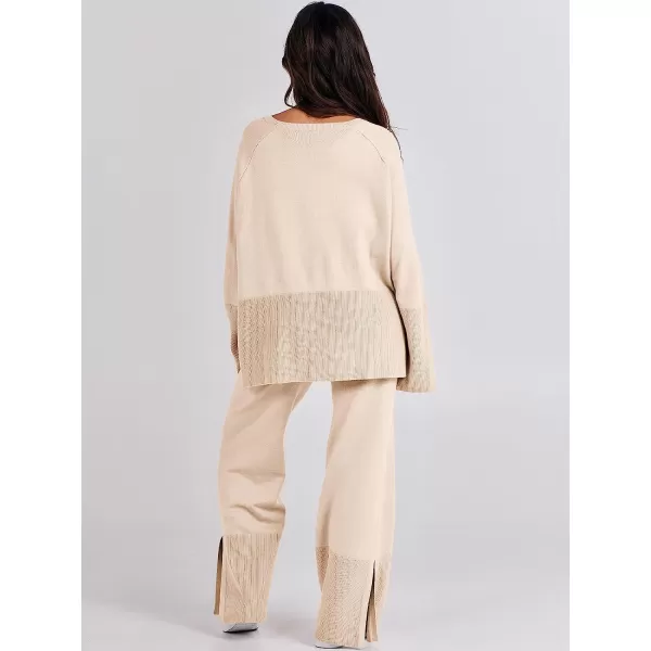 imageANRABESS Women 2 Piece Outfits Sweatsuit Oversized Knit Pullover and Drawstring Wide Leg Pants Sweater SetsKhaki
