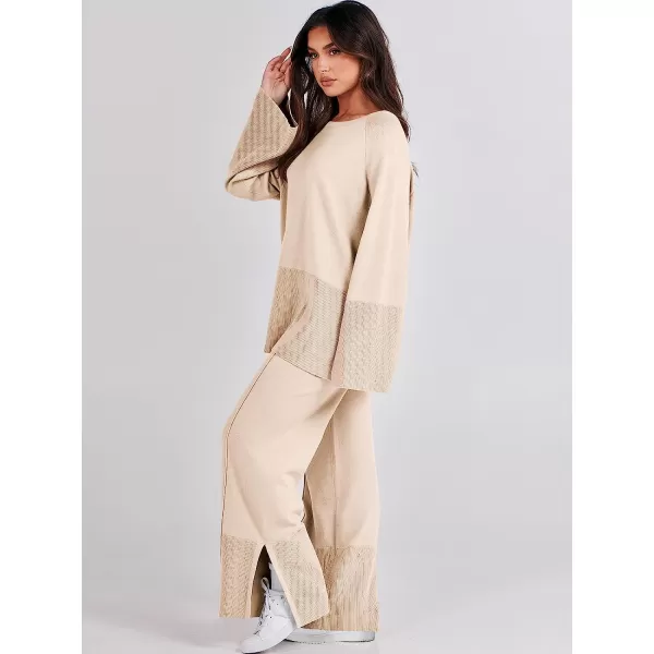 imageANRABESS Women 2 Piece Outfits Sweatsuit Oversized Knit Pullover and Drawstring Wide Leg Pants Sweater SetsKhaki