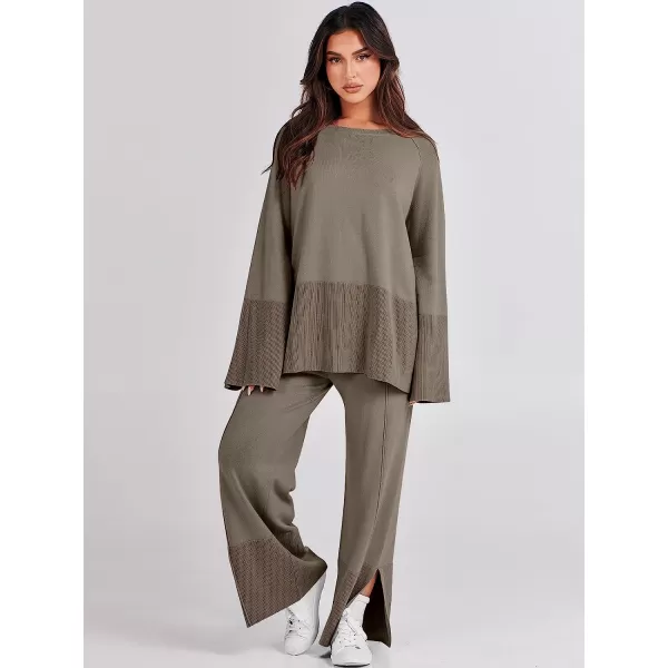imageANRABESS Women 2 Piece Outfits Sweatsuit Oversized Knit Pullover and Drawstring Wide Leg Pants Sweater SetsLight Khaki
