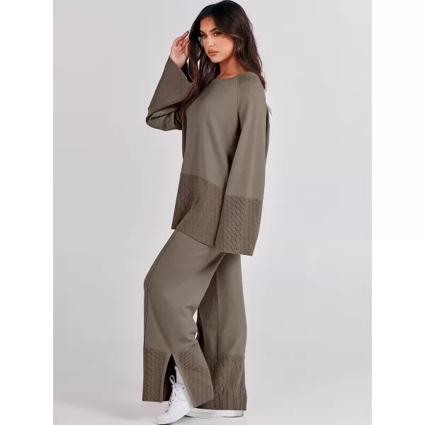 imageANRABESS Women 2 Piece Outfits Sweatsuit Oversized Knit Pullover and Drawstring Wide Leg Pants Sweater SetsLight Khaki