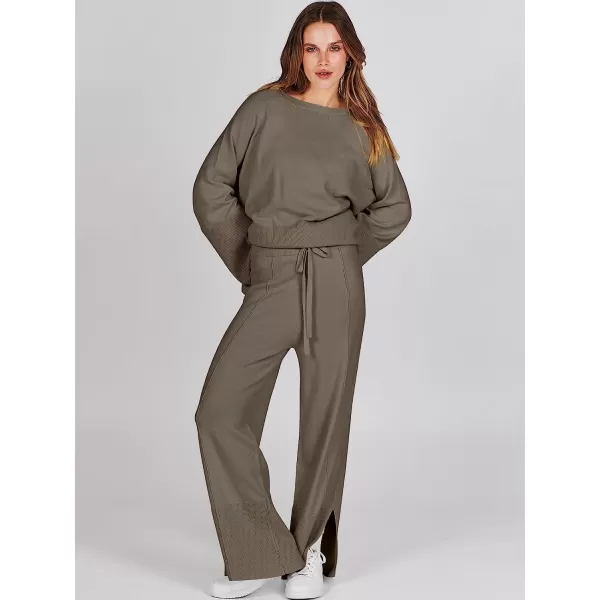 imageANRABESS Women 2 Piece Outfits Sweatsuit Oversized Knit Pullover and Drawstring Wide Leg Pants Sweater SetsLight Khaki