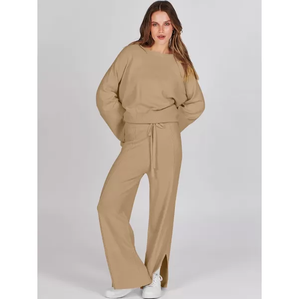 imageANRABESS Women 2 Piece Outfits Sweatsuit Oversized Knit Pullover and Drawstring Wide Leg Pants Sweater SetsLight Yellow