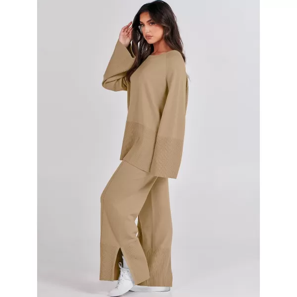 imageANRABESS Women 2 Piece Outfits Sweatsuit Oversized Knit Pullover and Drawstring Wide Leg Pants Sweater SetsLight Yellow