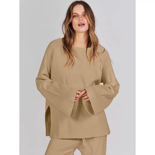 imageANRABESS Women 2 Piece Outfits Sweatsuit Oversized Knit Pullover and Drawstring Wide Leg Pants Sweater SetsLight Yellow