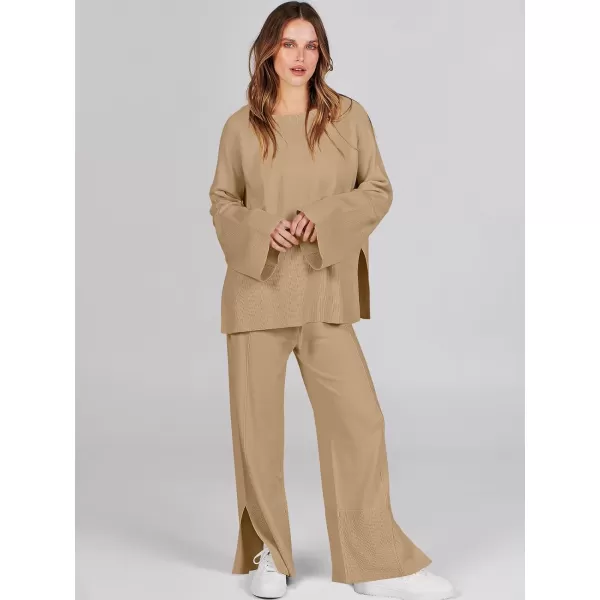 imageANRABESS Women 2 Piece Outfits Sweatsuit Oversized Knit Pullover and Drawstring Wide Leg Pants Sweater SetsLight Yellow
