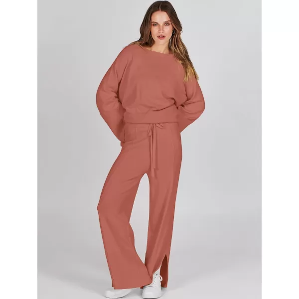 imageANRABESS Women 2 Piece Outfits Sweatsuit Oversized Knit Pullover and Drawstring Wide Leg Pants Sweater SetsRust