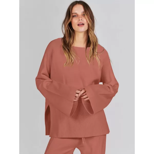 imageANRABESS Women 2 Piece Outfits Sweatsuit Oversized Knit Pullover and Drawstring Wide Leg Pants Sweater SetsRust