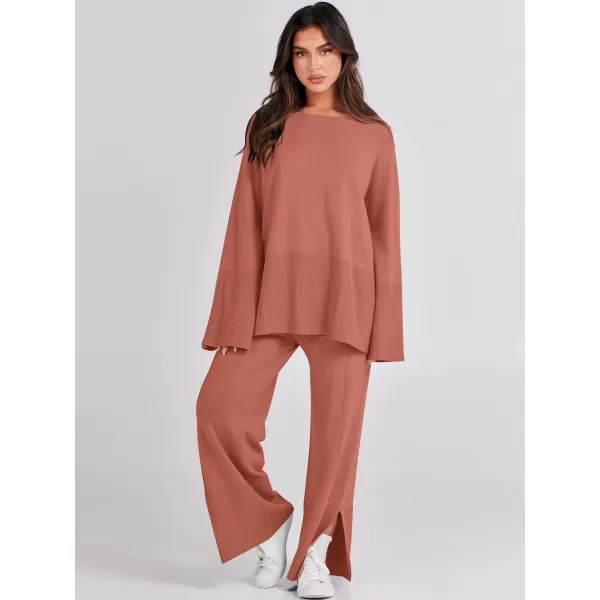 imageANRABESS Women 2 Piece Outfits Sweatsuit Oversized Knit Pullover and Drawstring Wide Leg Pants Sweater SetsRust