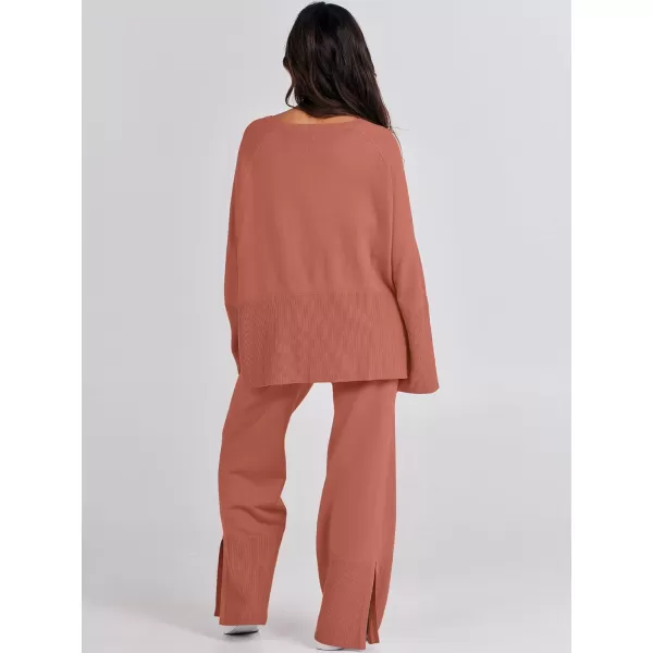 imageANRABESS Women 2 Piece Outfits Sweatsuit Oversized Knit Pullover and Drawstring Wide Leg Pants Sweater SetsRust
