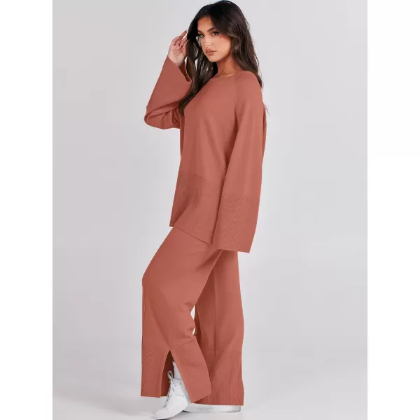 imageANRABESS Women 2 Piece Outfits Sweatsuit Oversized Knit Pullover and Drawstring Wide Leg Pants Sweater SetsRust