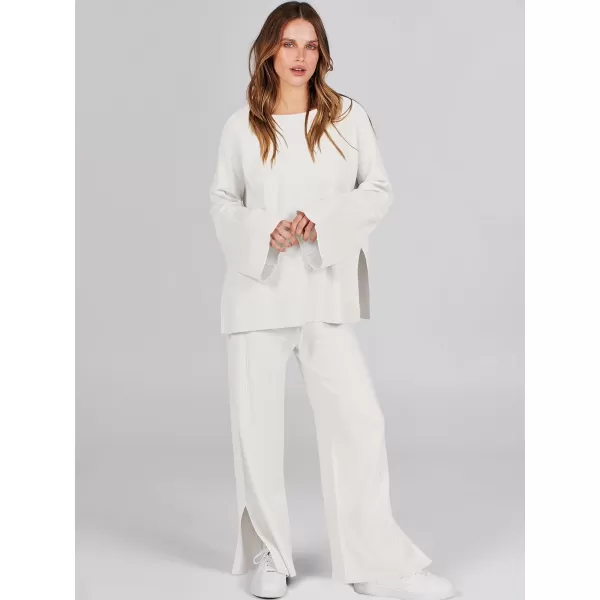 imageANRABESS Women 2 Piece Outfits Sweatsuit Oversized Knit Pullover and Drawstring Wide Leg Pants Sweater SetsWhite