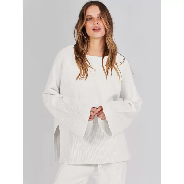 imageANRABESS Women 2 Piece Outfits Sweatsuit Oversized Knit Pullover and Drawstring Wide Leg Pants Sweater SetsWhite