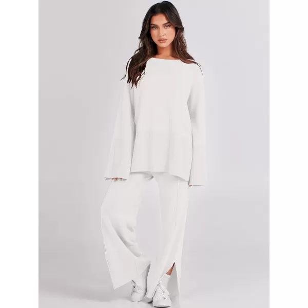 imageANRABESS Women 2 Piece Outfits Sweatsuit Oversized Knit Pullover and Drawstring Wide Leg Pants Sweater SetsWhite