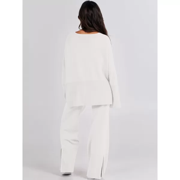 imageANRABESS Women 2 Piece Outfits Sweatsuit Oversized Knit Pullover and Drawstring Wide Leg Pants Sweater SetsWhite