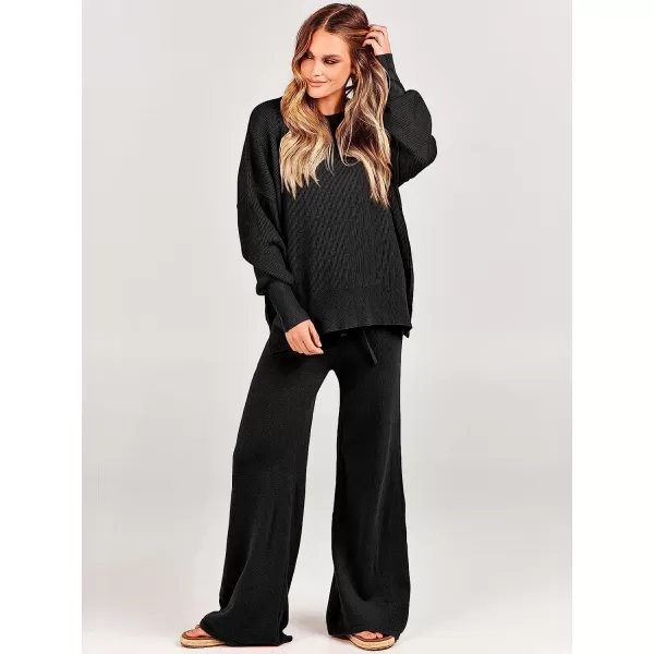 imageANRABESS Women 2 Piece Outfits Sweatsuit Oversized Sweater Set amp Wide Leg Pants Fall Chunky Lounge SetBlack