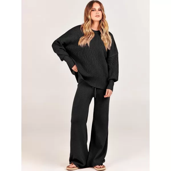 imageANRABESS Women 2 Piece Outfits Sweatsuit Oversized Sweater Set amp Wide Leg Pants Fall Chunky Lounge SetBlack