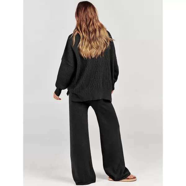 imageANRABESS Women 2 Piece Outfits Sweatsuit Oversized Sweater Set amp Wide Leg Pants Fall Chunky Lounge SetBlack