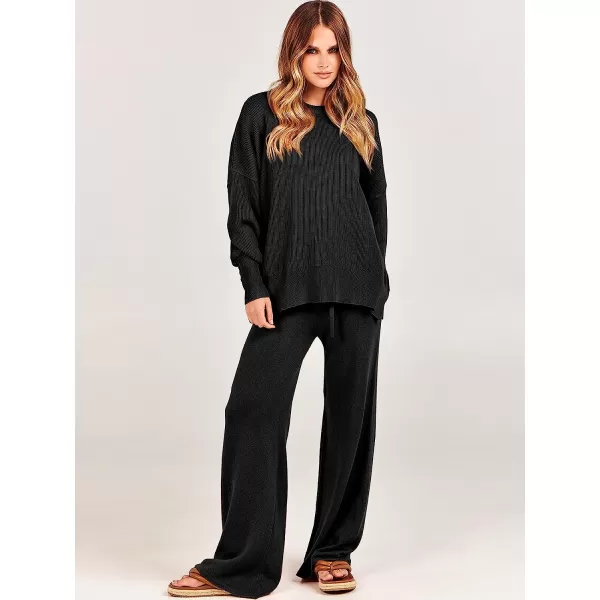 imageANRABESS Women 2 Piece Outfits Sweatsuit Oversized Sweater Set amp Wide Leg Pants Fall Chunky Lounge SetBlack