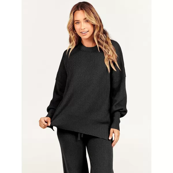 imageANRABESS Women 2 Piece Outfits Sweatsuit Oversized Sweater Set amp Wide Leg Pants Fall Chunky Lounge SetBlack