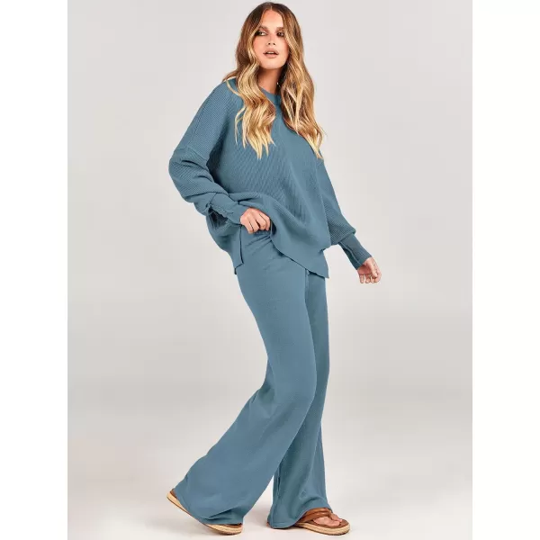 imageANRABESS Women 2 Piece Outfits Sweatsuit Oversized Sweater Set amp Wide Leg Pants Fall Chunky Lounge SetBlue