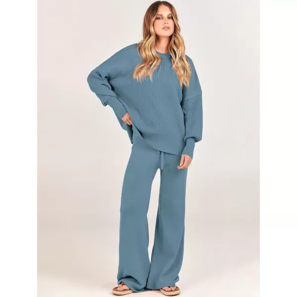 imageANRABESS Women 2 Piece Outfits Sweatsuit Oversized Sweater Set amp Wide Leg Pants Fall Chunky Lounge SetBlue