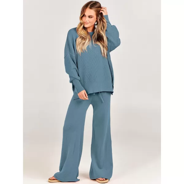 imageANRABESS Women 2 Piece Outfits Sweatsuit Oversized Sweater Set amp Wide Leg Pants Fall Chunky Lounge SetBlue