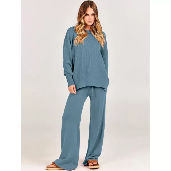 imageANRABESS Women 2 Piece Outfits Sweatsuit Oversized Sweater Set amp Wide Leg Pants Fall Chunky Lounge SetBlue