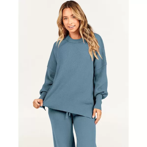 imageANRABESS Women 2 Piece Outfits Sweatsuit Oversized Sweater Set amp Wide Leg Pants Fall Chunky Lounge SetBlue