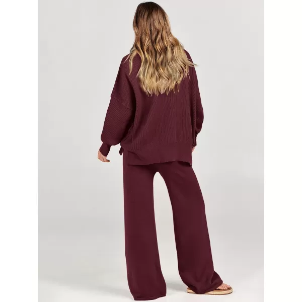 imageANRABESS Women 2 Piece Outfits Sweatsuit Oversized Sweater Set amp Wide Leg Pants Fall Chunky Lounge SetBurgundy