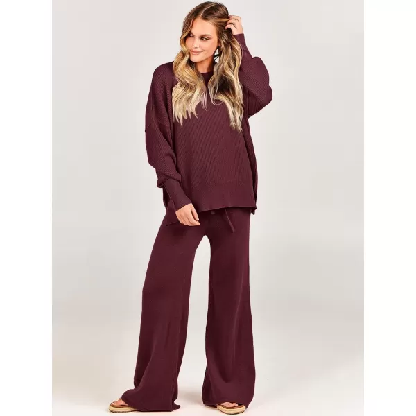 imageANRABESS Women 2 Piece Outfits Sweatsuit Oversized Sweater Set amp Wide Leg Pants Fall Chunky Lounge SetBurgundy
